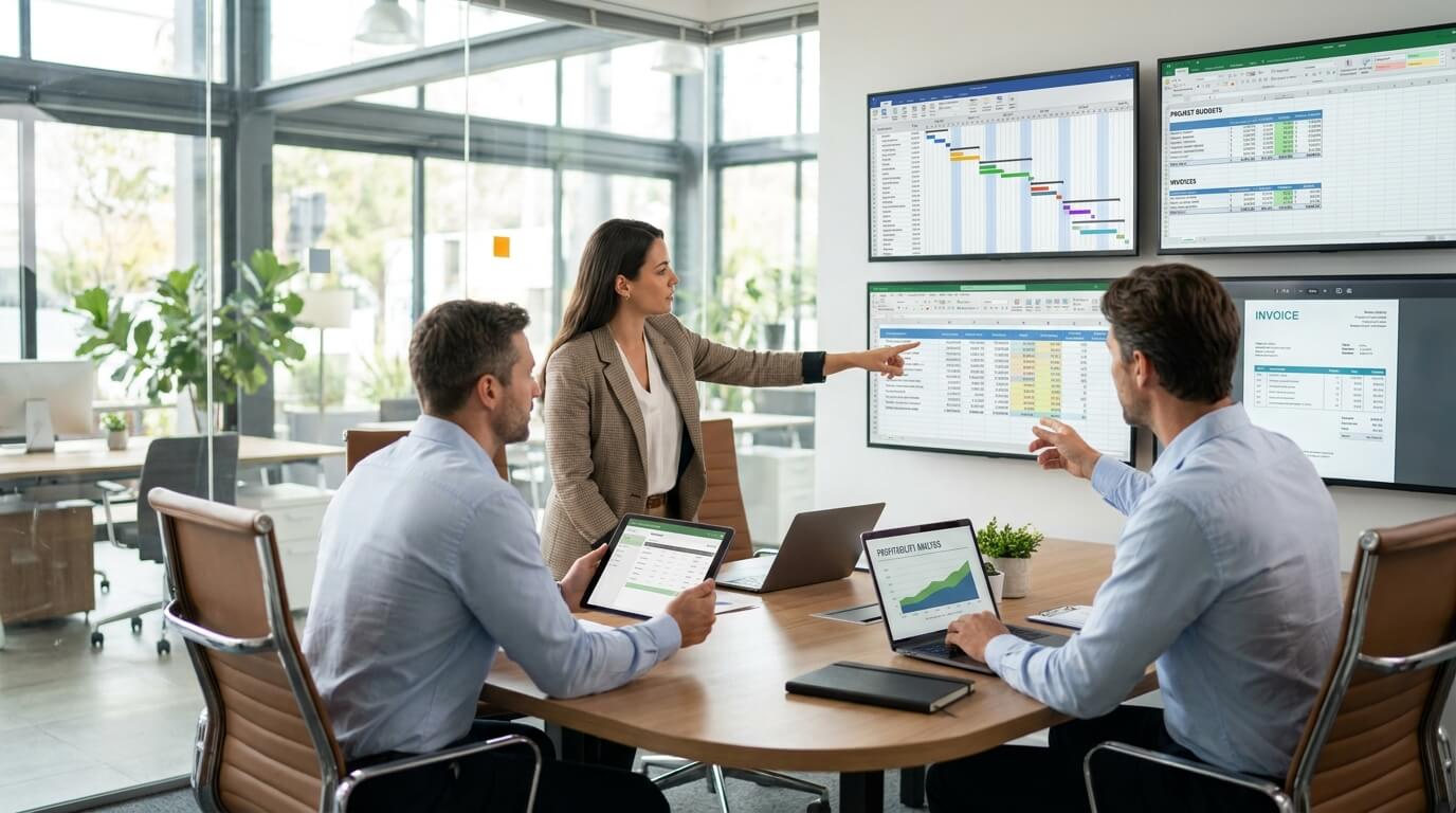 Projektteam bespricht Budgets, Rechnungen und Auswertungen an Bildschirmen im Besprechungsraum