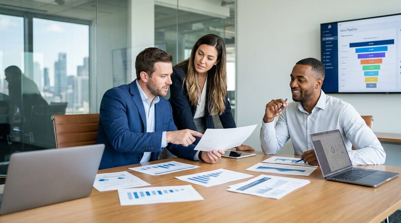 Vertriebsteam wertet gedruckte Auswertungen und eine Sales-Pipeline am Bildschirm aus