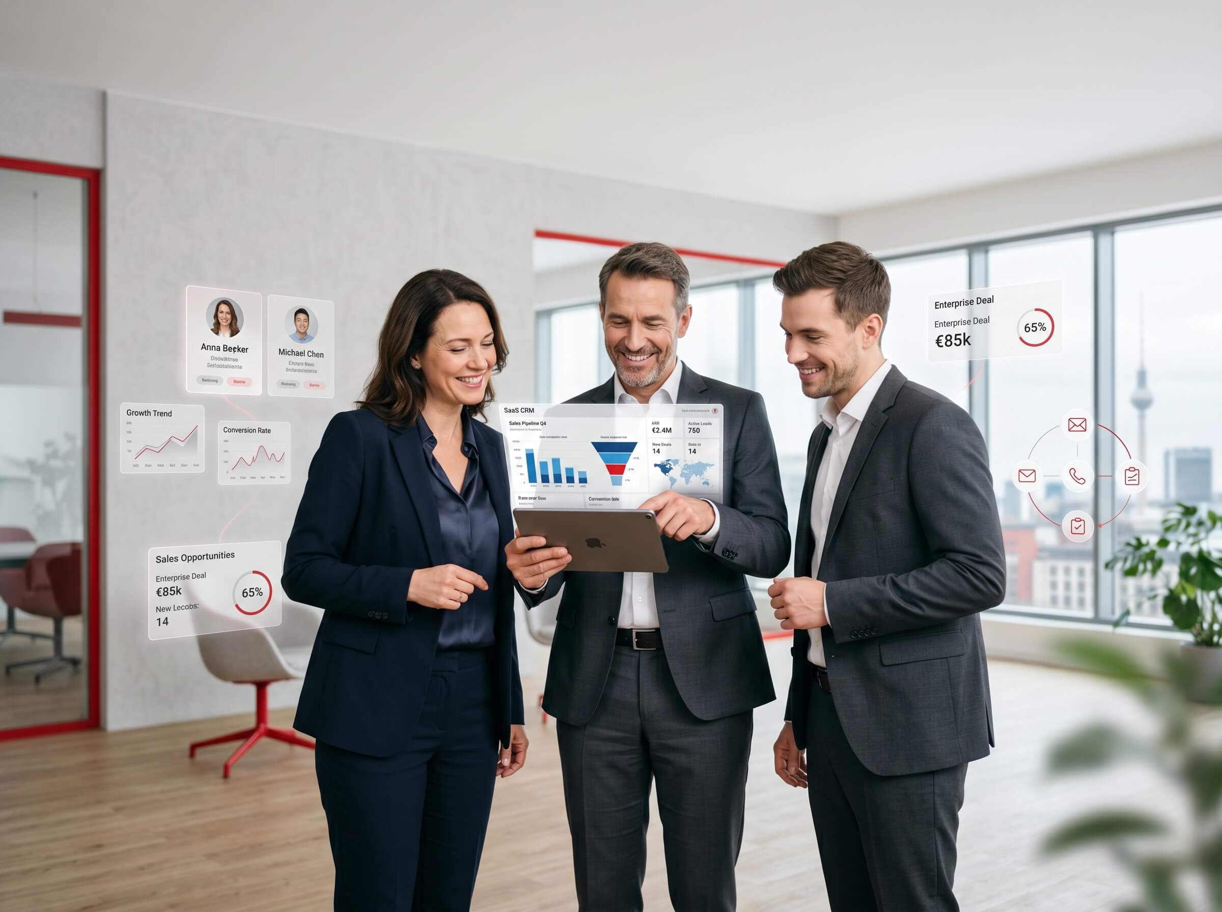 Vertriebsteam am Tablet, umgeben von CRM-Oberflächen mit Verkaufschancen, Conversion Rate und Kontaktdaten