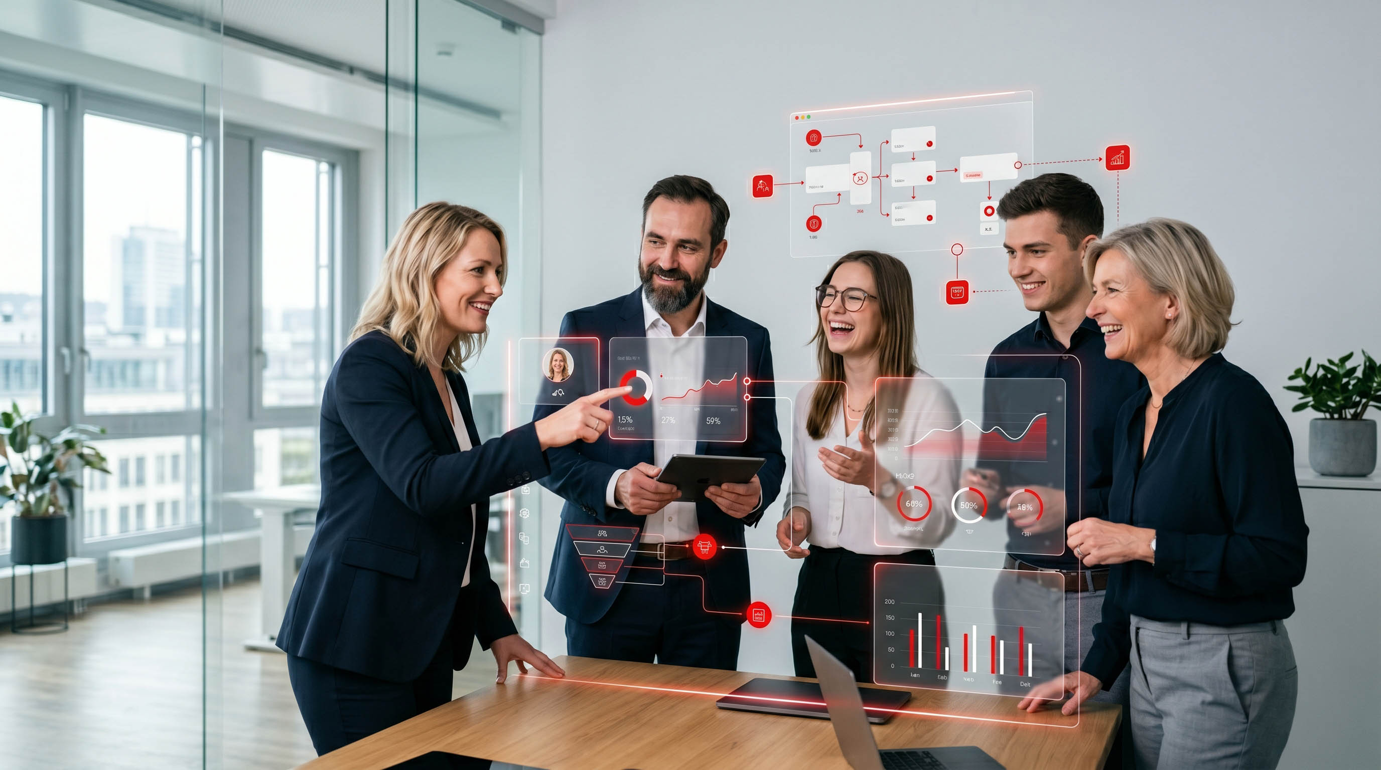 Team im Besprechungsraum vor Auswertungen zu Umsätzen, Belegen und Prozess-Workflows