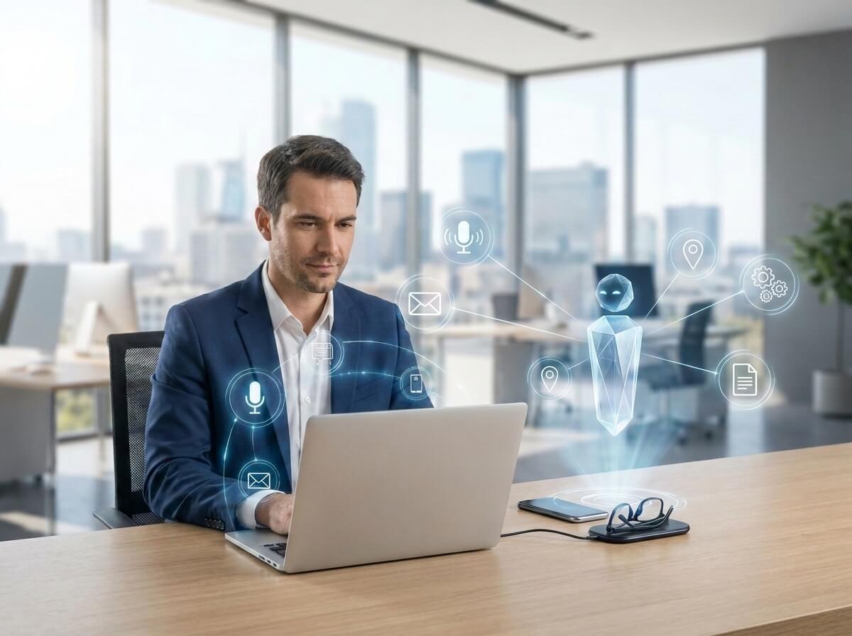 Mann am Laptop mit holografischem KI-Assistenten und vernetzten Symbolen für Sprache, E-Mail und Dokumente