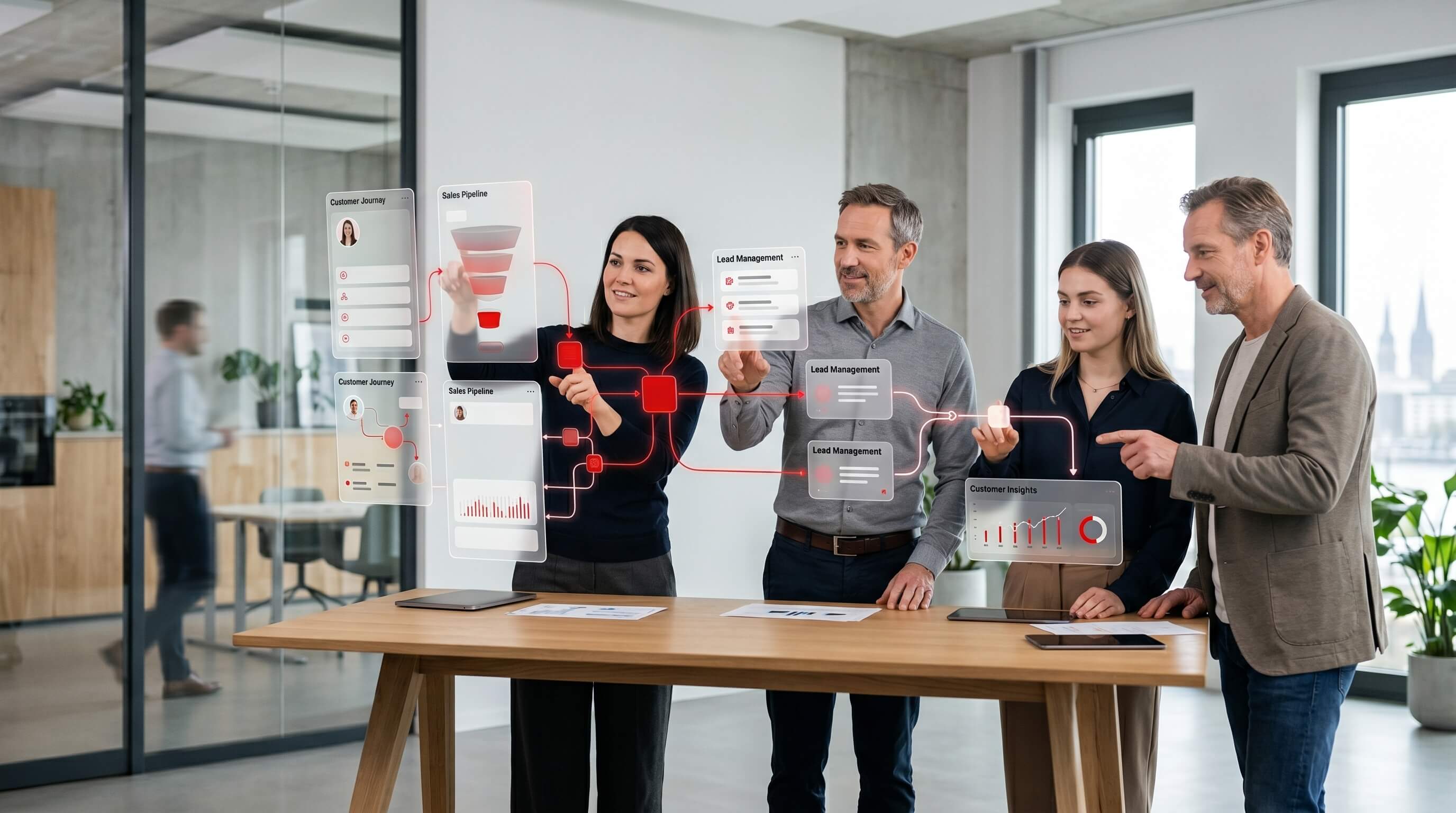 Team vor Oberflächen zu Customer Journey, Lead Management und Customer Insights