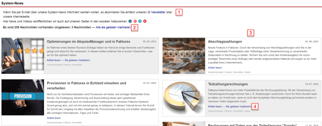 Screenshot der Übersichtsmaske des Bereichs System-News