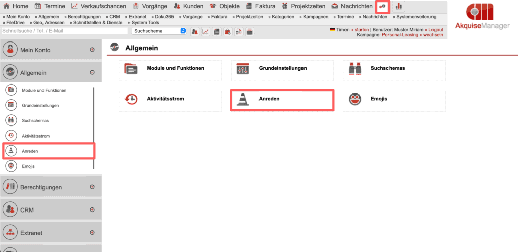 Screenshot des Untermenüpunkts „Anreden“ im Einstellungsbereich „Allgemein“