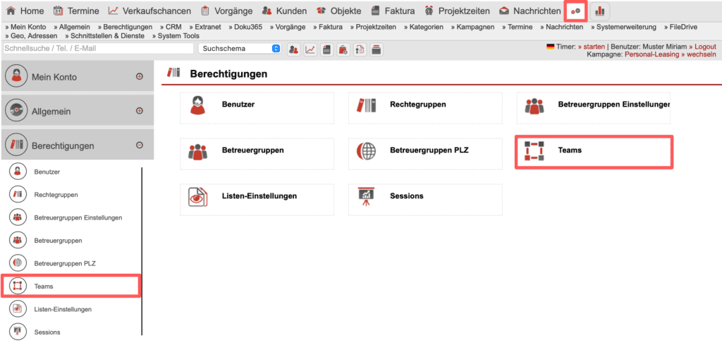 Screenshot des Menüwegs zum Einstellungsbereich „Teams“