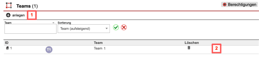 Screenshot der Übersicht aller angelegten Teams