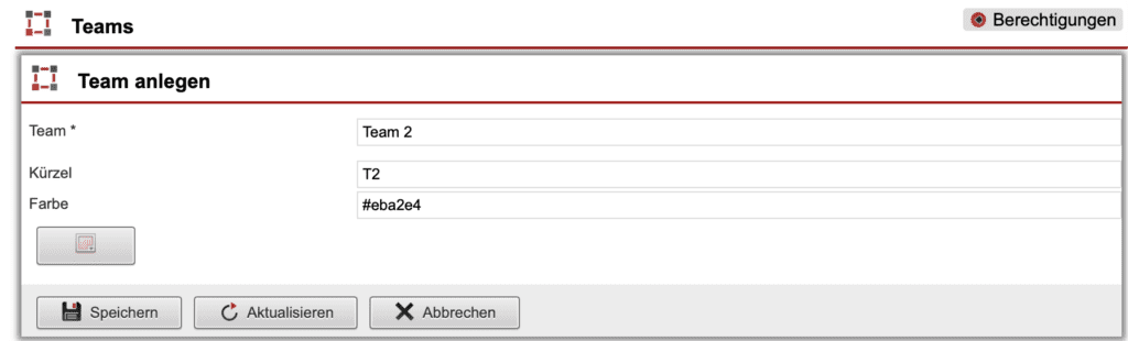 Screenshot der Maske zum Anlegen eines neuen Teams