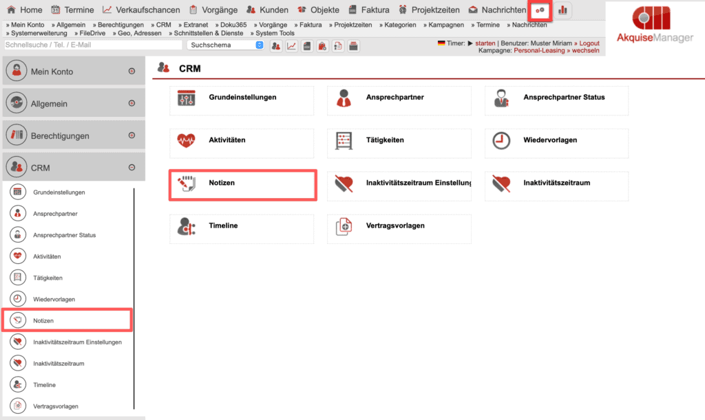 Screenshot des Einstellungsbereichs für Notizen