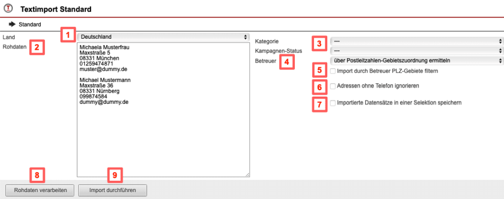 Screenshot der Maske „Textimport Standard“