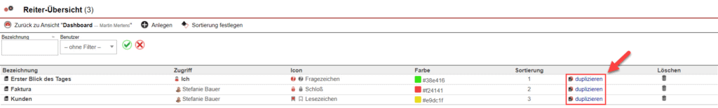 Screenshot der Schaltfläche zum Duplizieren eines Dashboard-Reiters
