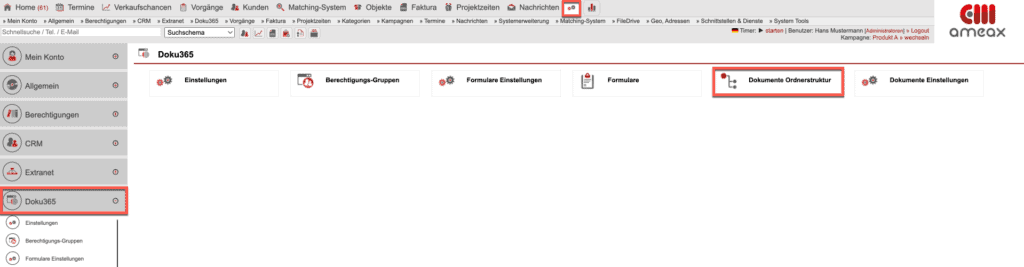 Screenshot des Einstellungsbereichs „Doku365” mit markiertem Untermenüpunkt „Dokumente Ordnerstruktur”