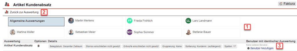 Screenshot über gespeicherte Auswertungen im Statistikbereich „Artikel Kundenabsatz“