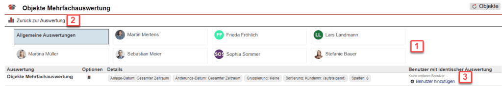 Screenshot über gespeicherte Auswertungen im Statistikbereich „Objekte Mehrfachauswertung“