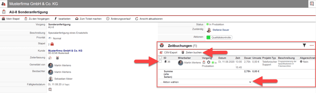 Screenshot der Vorgangsmaske mit allen gebuchten Zeiten und Umbuchungsmöglichkeit