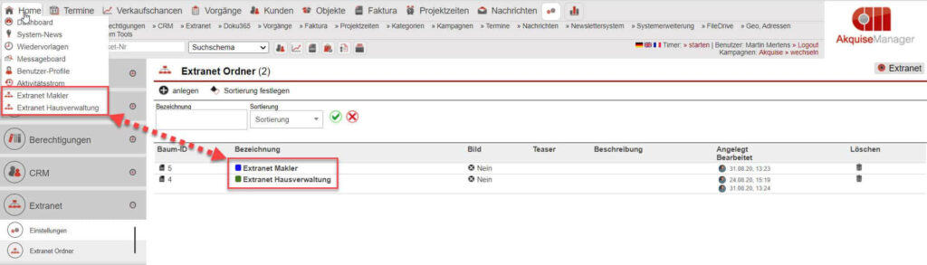 Screenshot Übersichtsmaske aller angelegten Extranet-Strukturen