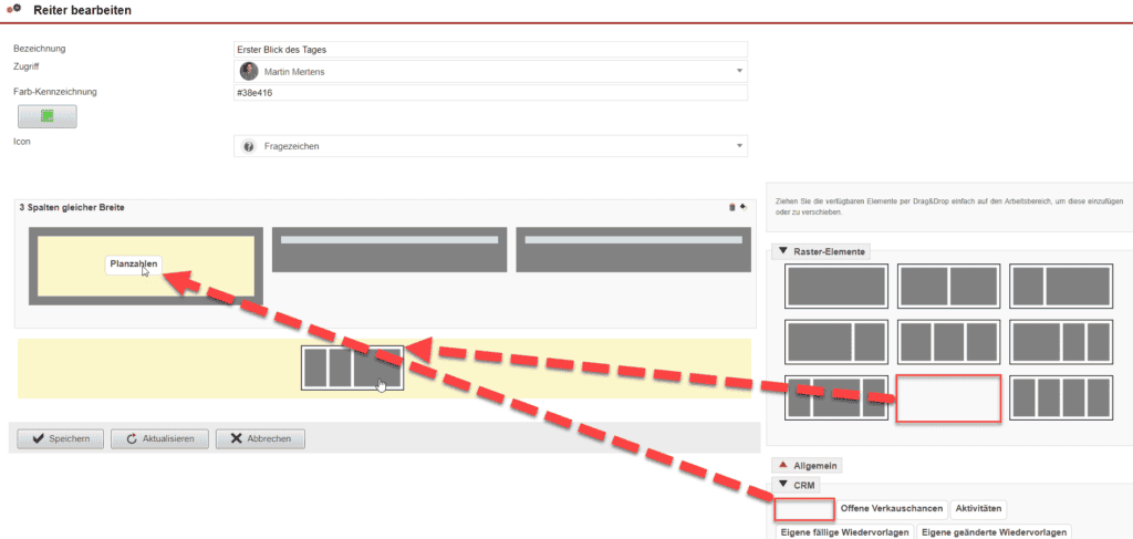 Screenshot mehrerer untereinander platzierter Rasterelemente im Dashboard