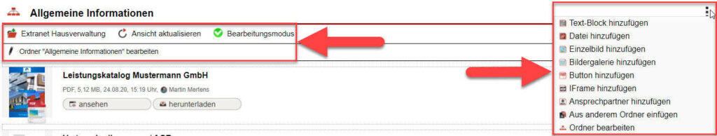 Screenshot der Einstiegspunkte zur Bearbeitung des Extranets