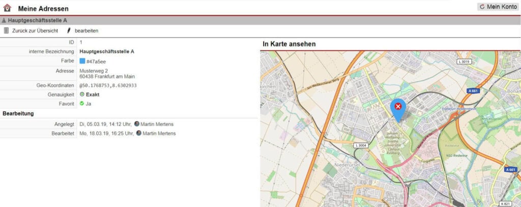 Screenshot der Einzelansicht einer unter „Meine Adressen“ angelegten Adresse